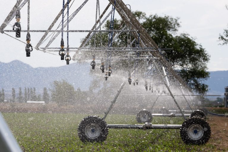 A rolling sprinkler irrigation system dispensing water on a field of crops