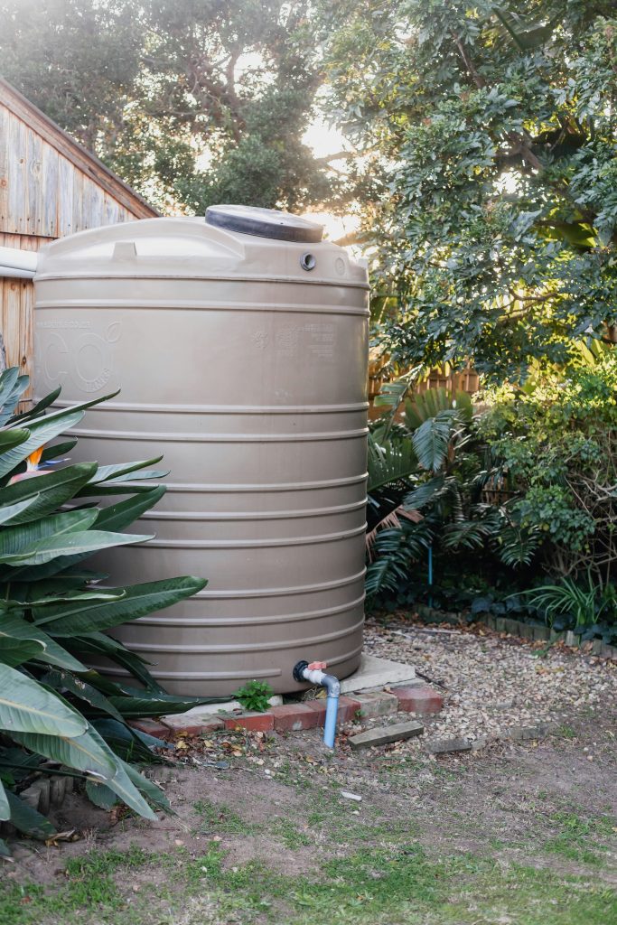 A rain barrel sitting on a brick leveling pad, in a residential yard with tropical greenery.