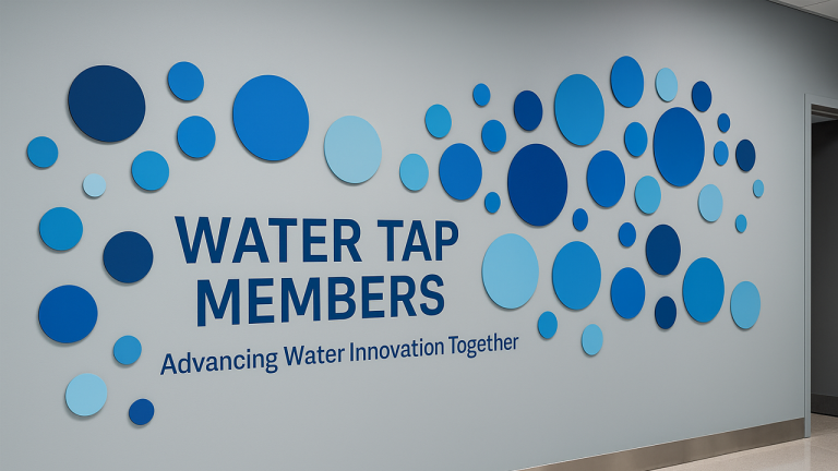 Water TAP member recognition wall with blue water drops for member logos.