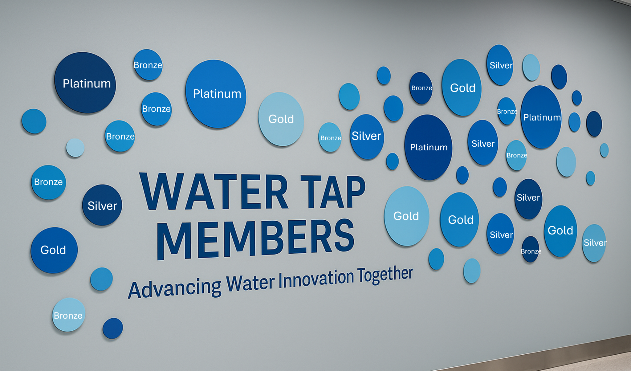 Water TAP member recognition wall with blue water drops for member logos.
