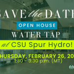 Decorative save the date for Water TAP open house with photo of laboratory in background.