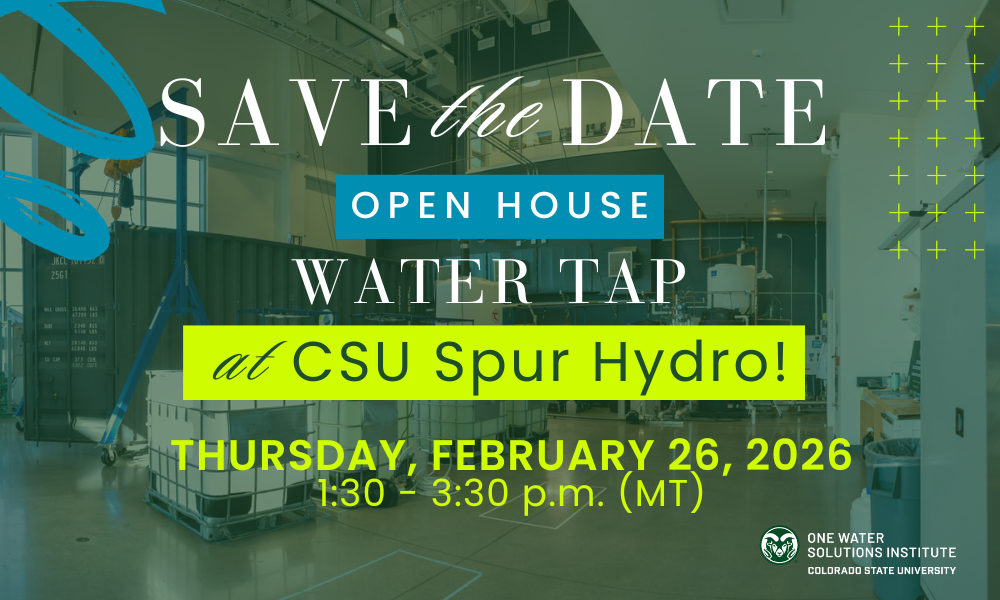 Decorative save the date for Water TAP open house with photo of laboratory in background.